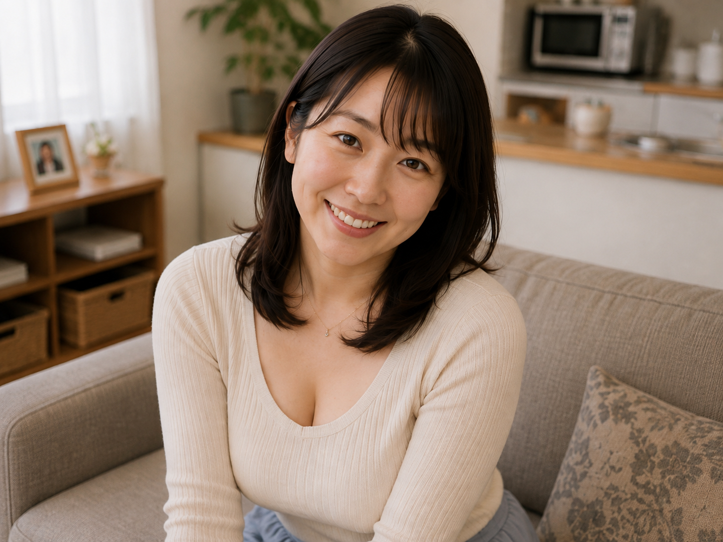 自宅のソファで笑顔を見せる加藤美智子