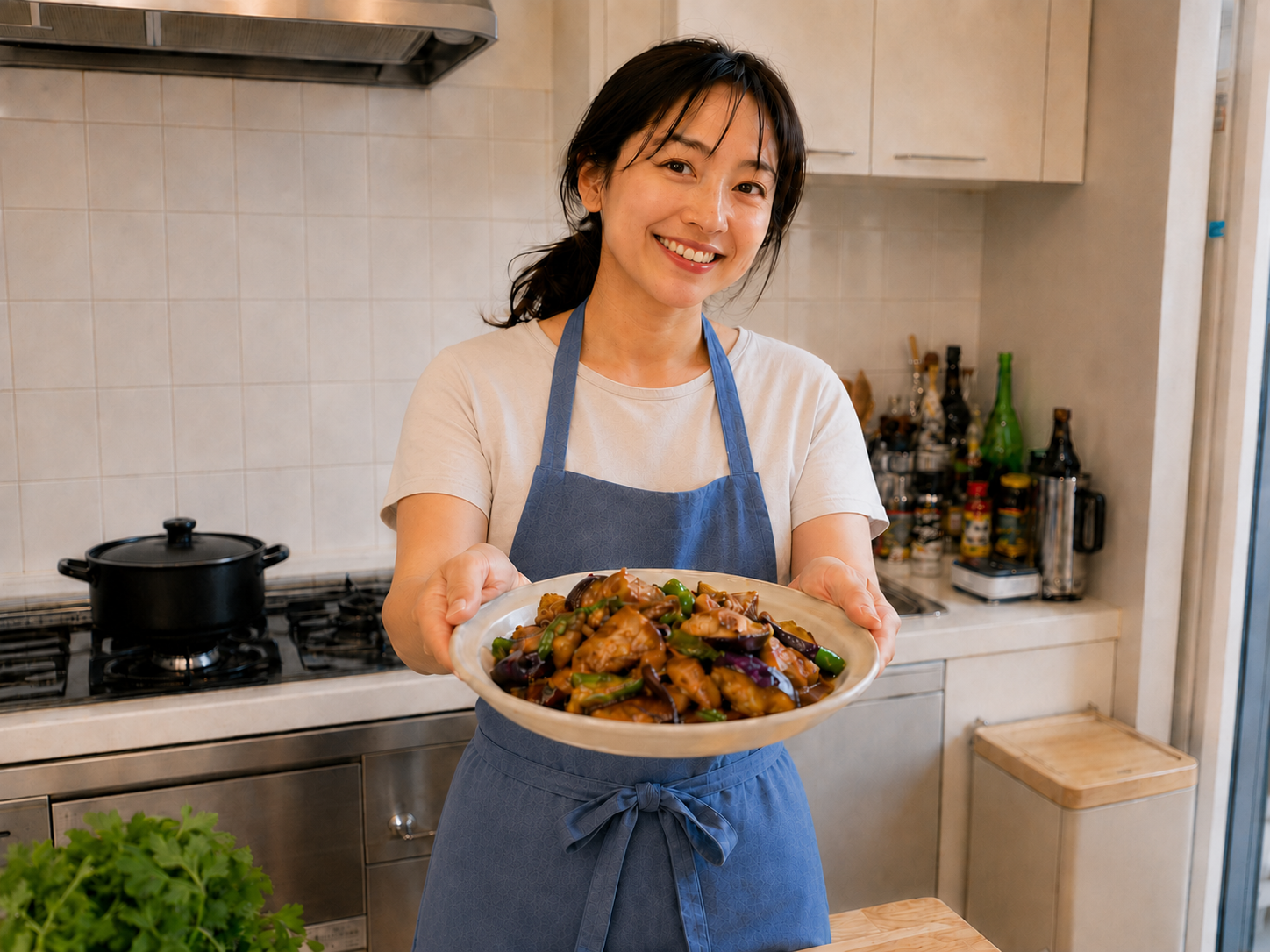 完成した料理を皿に盛って見せる村山美智子