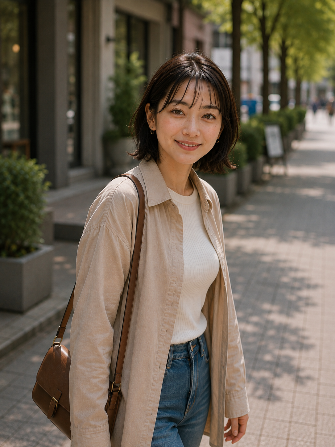 街路で振り返り微笑む中村美智子