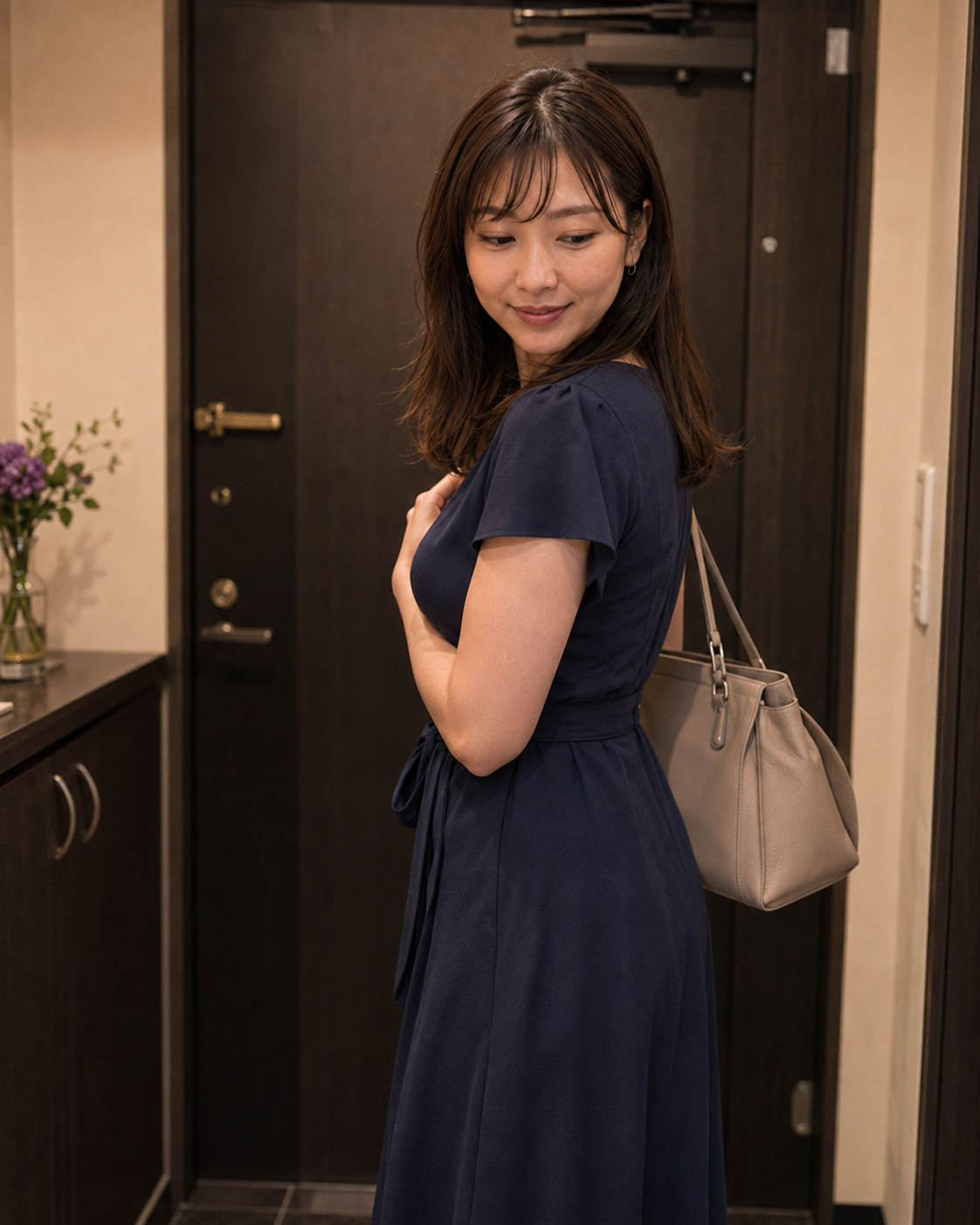 バッグを肩にかけ玄関に立つ大橋美智子