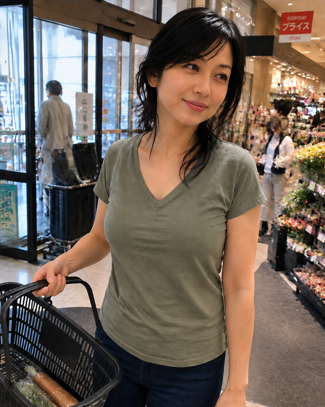 買い物かごを持ってスーパーへ入店する太田美智子