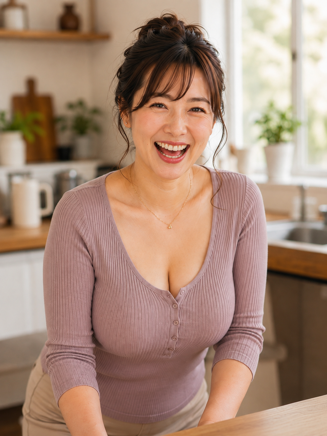 キッチンで自然な笑顔を見せる佐藤美智子