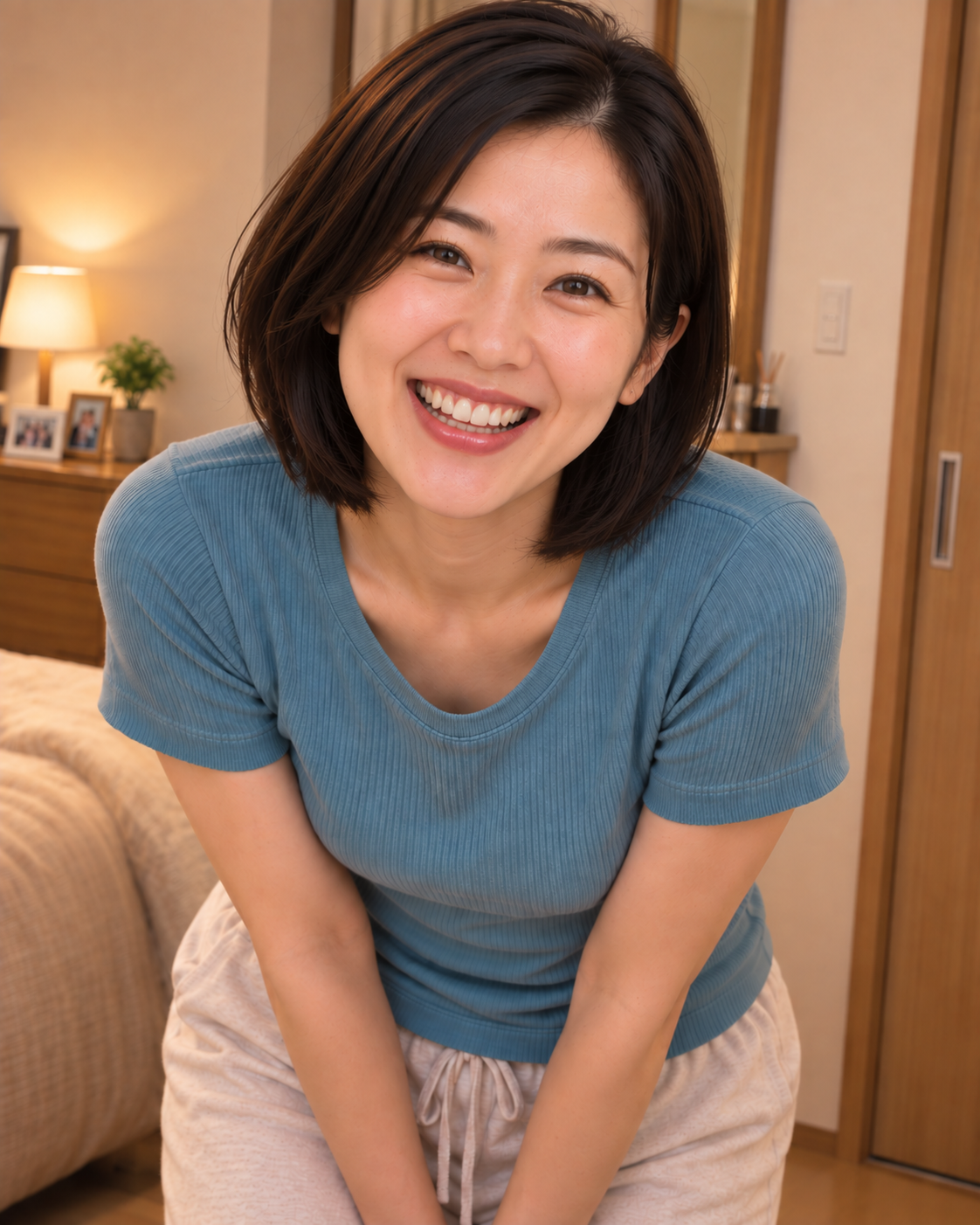 自宅で満面の笑顔を見せる杉本美智子