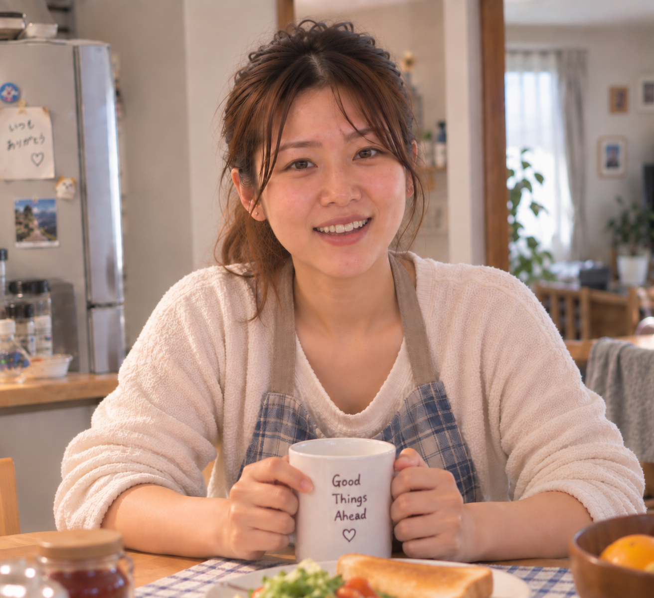 朝の食卓で明るく微笑む土屋美智子